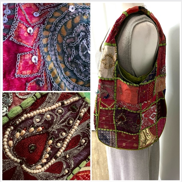 🆕 Boho Multicoloured Patchwork w/Mirror Hobo Shoulder Bag Cotton Made in India - Picture 16 of 16